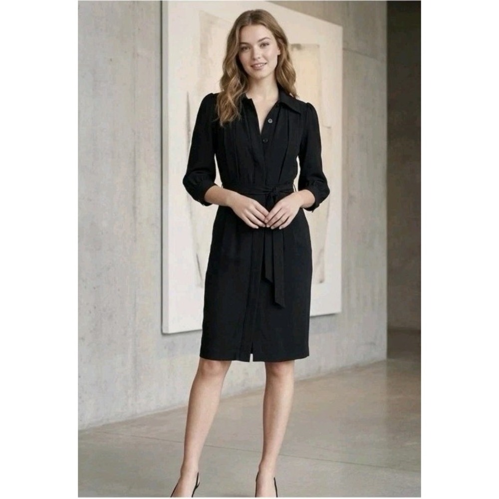 Diane Von Furstenberg Black Dress Pleated Tie Size 10 Wool Viscose Capsule City